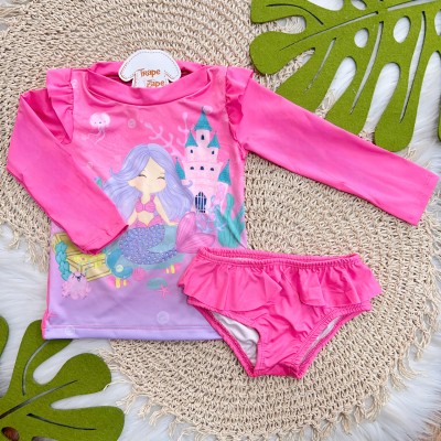 Linha Praia - Blusa com Proteção UV50+ Sereia e Calcinha - Rosa Chiclete